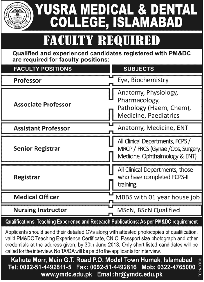Associate, Assistant & Registrar Jobs in Yusra Medical & Dental College Islamabad