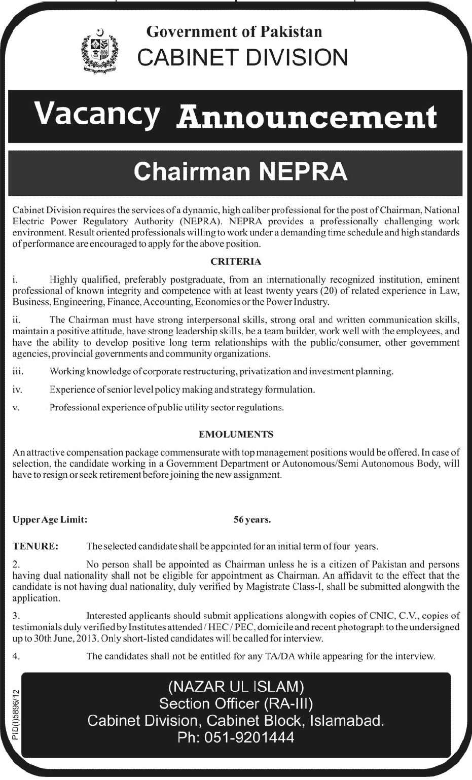 Chairman NEPRA Jobs in PTA Cabinet Division Islamabad