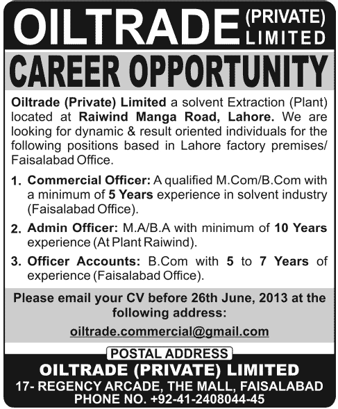 Commercial, Admin & Accounts Officers Jobs in Oiltrade Pvt. Ltd. Lahore