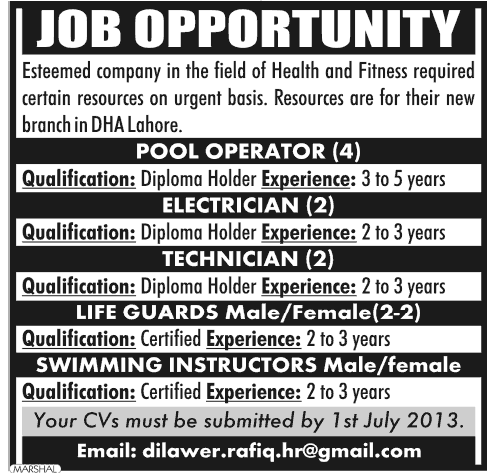 DHA Lahore Jobs Required for Technician, Electrician & Pool Operator