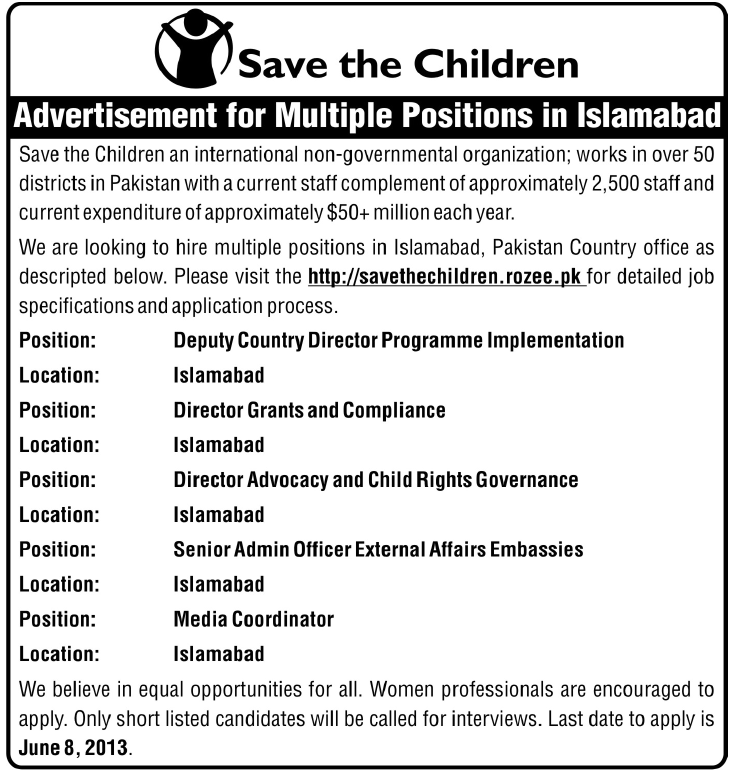 Director & Media Coordinator Jobs in Save the Children Islamabad