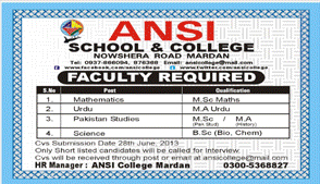 Faculty Required in ANSI School Mardan