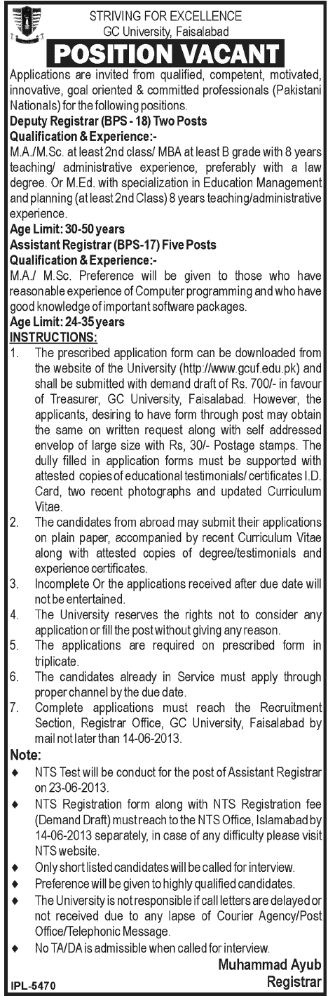 GU University Jobs for Deputy & Assistant Registrar in Faisalabad