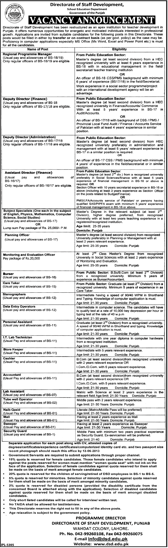 Government of Punjab Lahore Jobs in School Education Department 2013