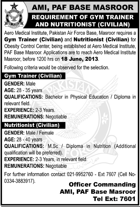 Gym Trainer & Nutritionist Required in AMI PAF Base Masroor