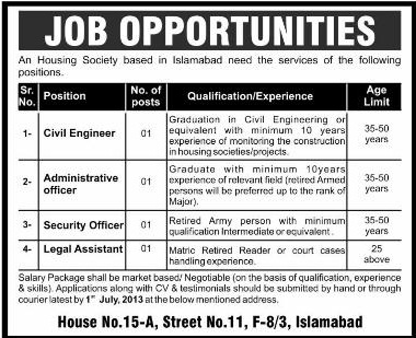 Housing Society Islamabad Jobs for Civil Engineer & Administrative Officer