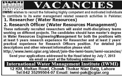 International Water Management Institute Lahore Jobs for Researcher & Officer