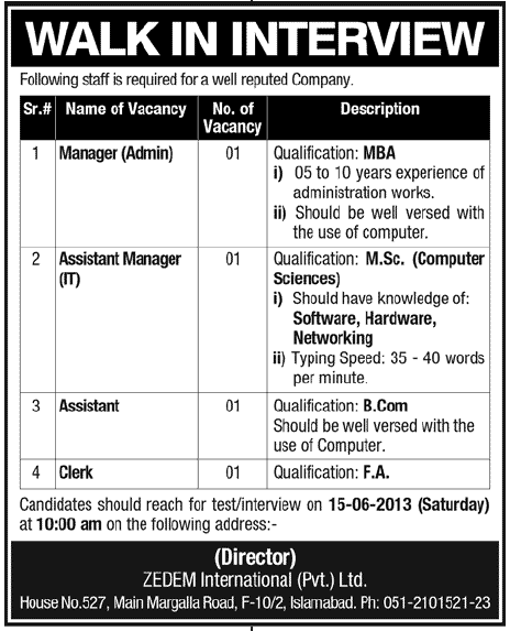 Manager, Assistant & Clerk Jobs in Zedem International Pvt Ltd. Islamabad
