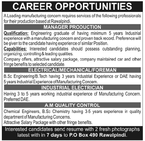 Manager Production, Industrial Electrician & AM Quality Control Jobs in Rawalpindi