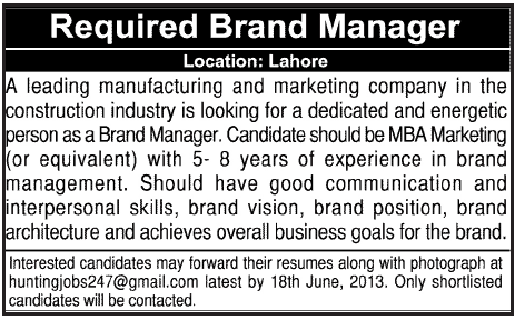 Marketing Company Jobs for Brand Manager Required