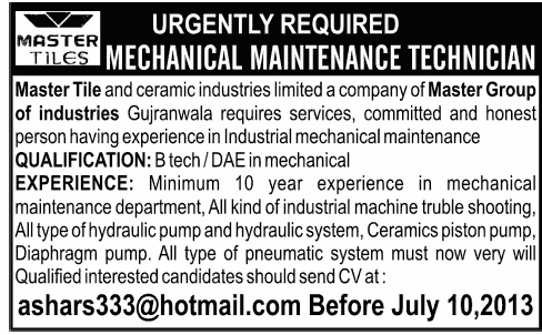 Master Tiles Gujranwala Jobs for Mechanical Maintenance Technician