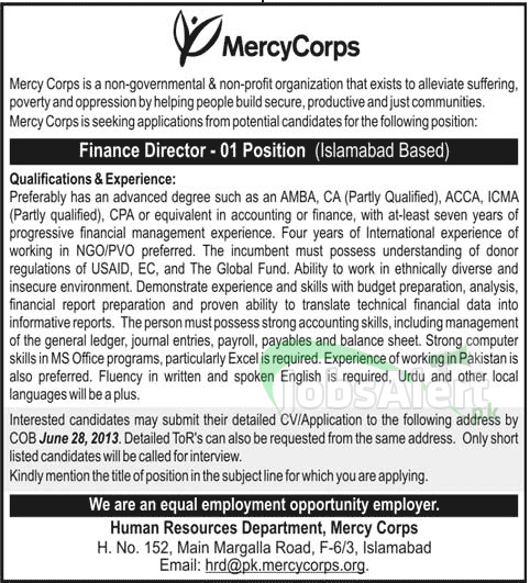 Mercy Corps Jobs for Finance Director Islamabad