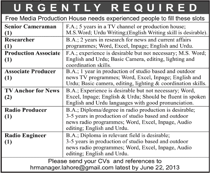 Media Production Lahore Jobs for Cameraman, Researcher & Associate