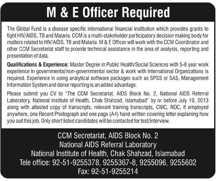National Institute of Health Islamabad Jobs for M & E Officer