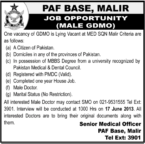 PAF Base Malir Jobs Required for Male GDMO