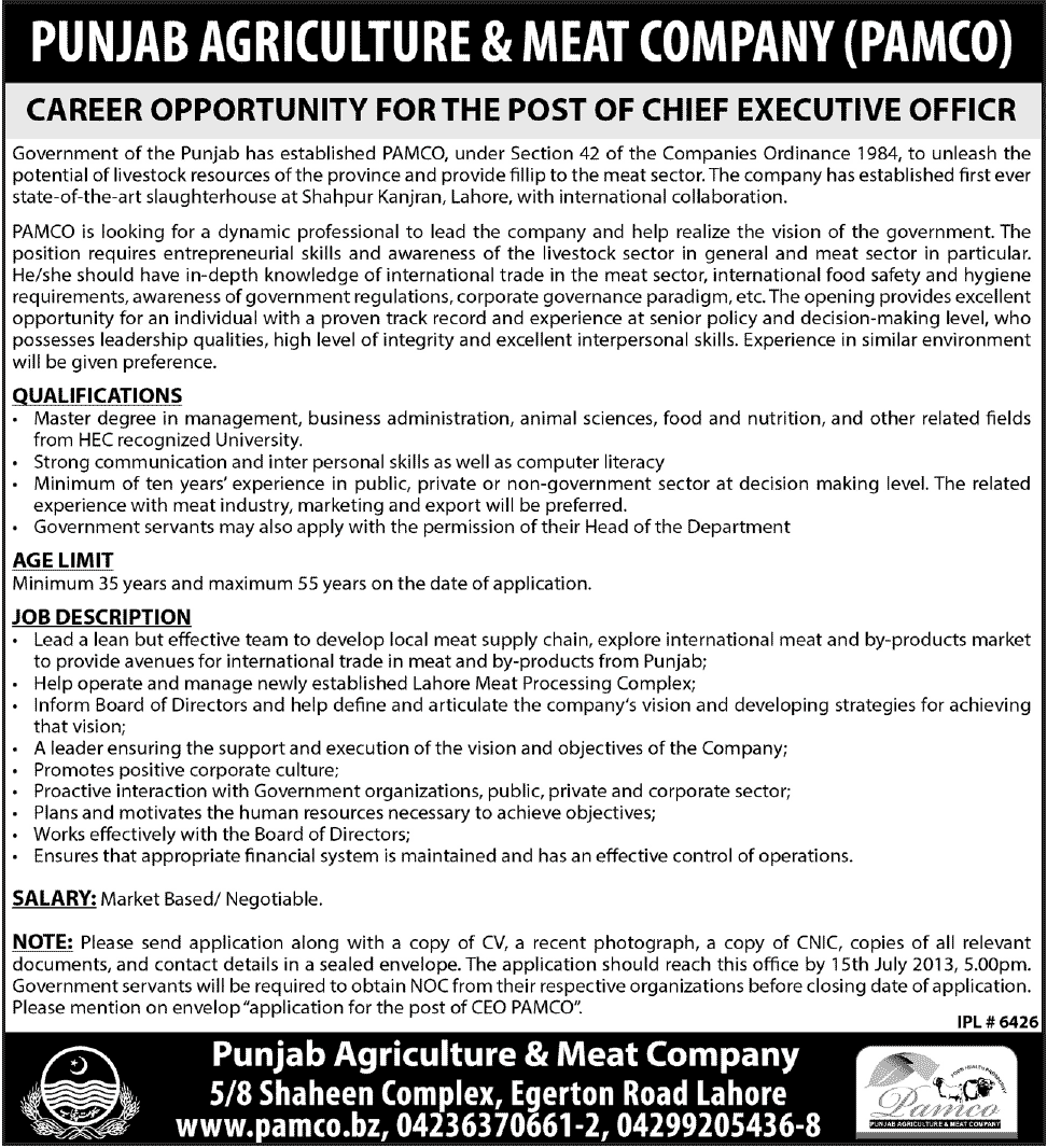 PAMCO Lahore Jobs Required for Chief Executive Officer