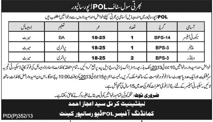 POL Dipo Risalpur Jobs for Security Officer & Painter