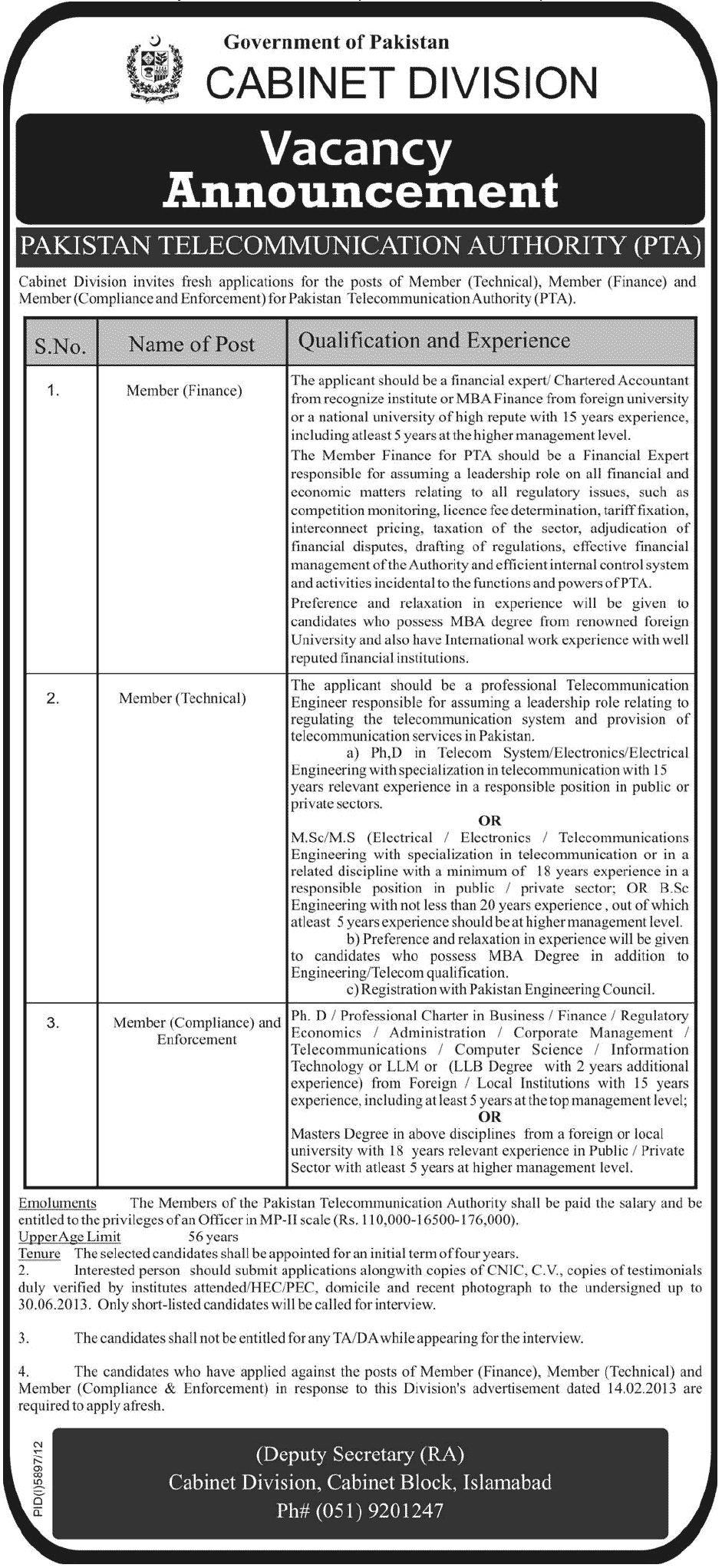 PTA Cabinet Division Islamabad Jobs for Member Finance & Technical