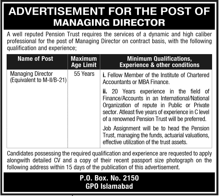 Pension Trust Islamabad Jobs for Managing Director