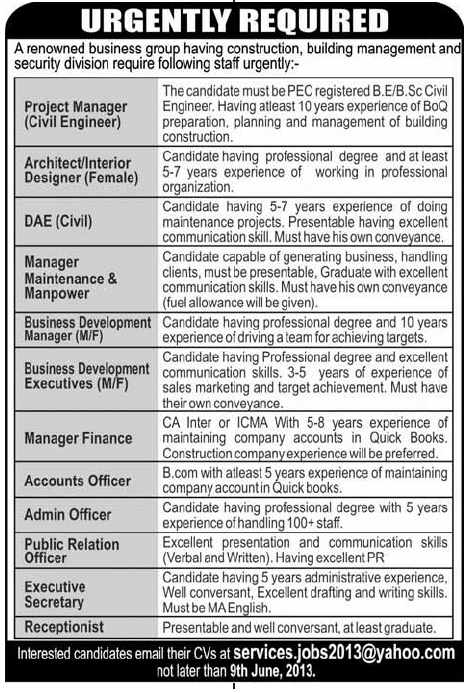 Project Manager, Interior Designer & Accountant Jobs in Construction Company 