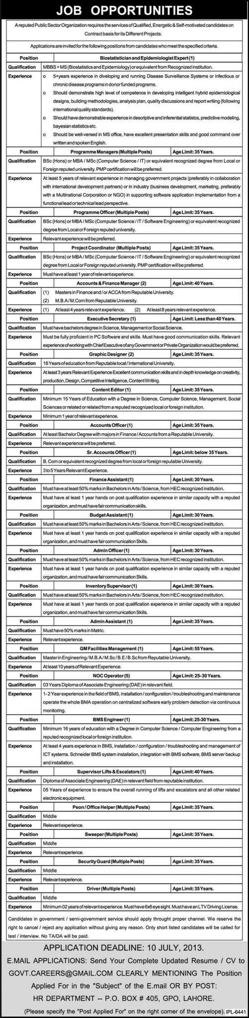 Public Sector Organization Jobs for Bio Statistics, Programme Manager & Graphic Designer