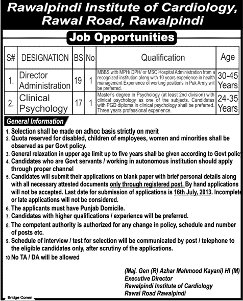 Rawalpindi Institute of Cardiology Jobs for Director Administration & Psychology