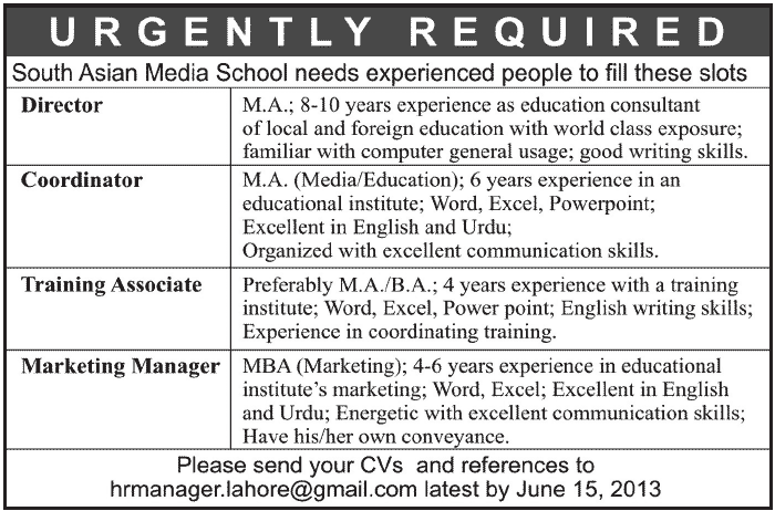 South Asian Media School Required Jobs for Director & Marketing Manager