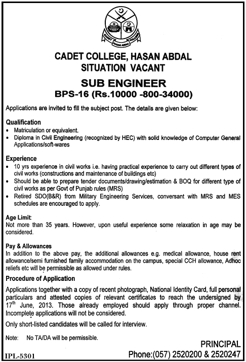 Sub Engineer Required in Cadet College Islamabad