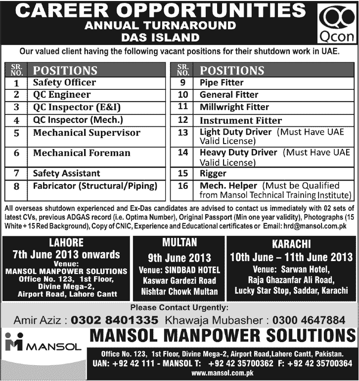 UAE Qcon Jobs for Safety Officer, QC Engineer, Inspector & Supervisor