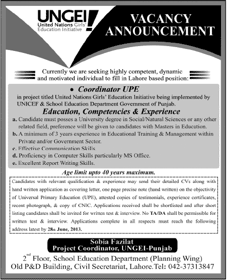 UNGE Lahore Jobs Needed for Coordinator UPE