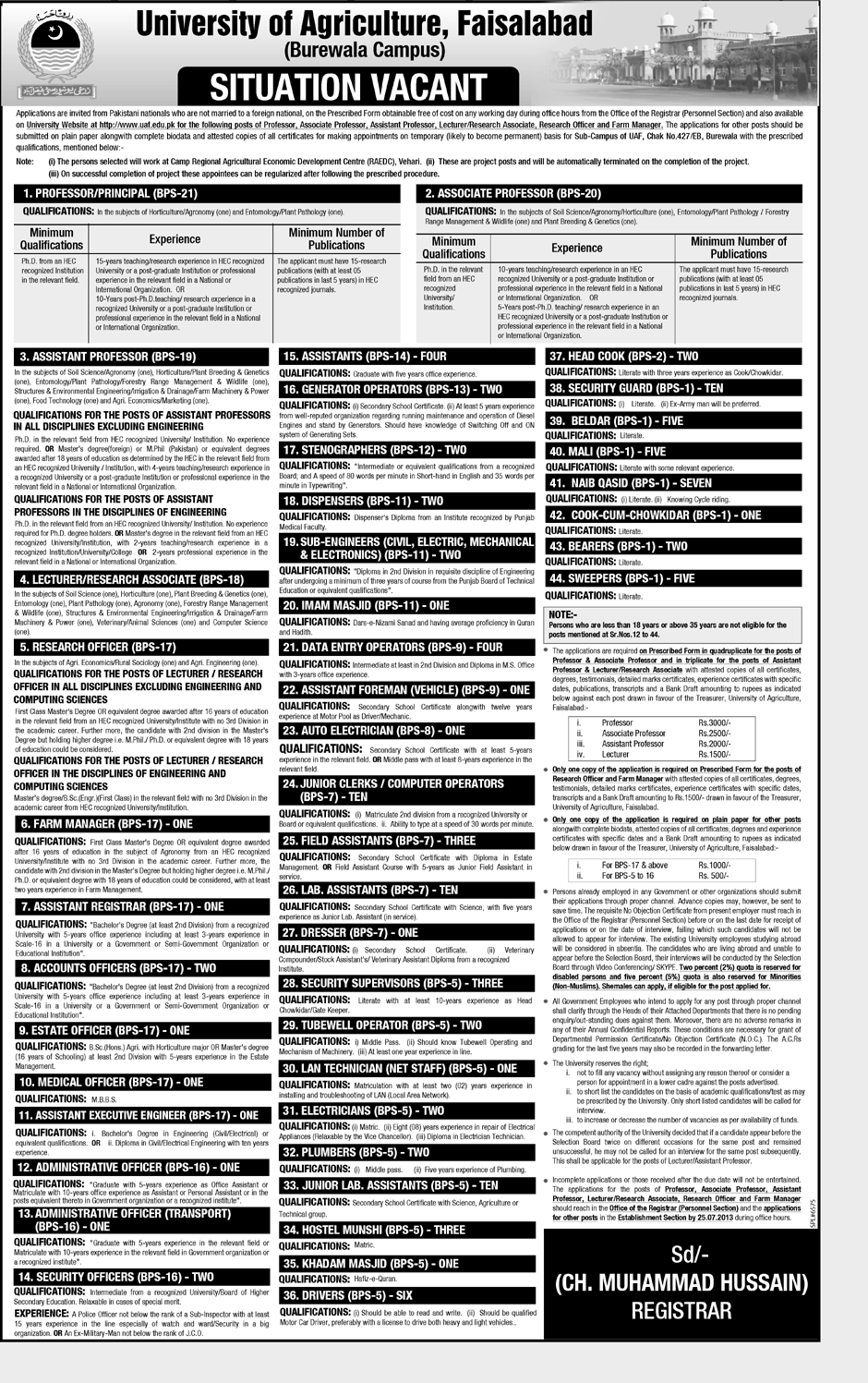 University of Agriculture Faisalabad Jobs for Principal, Professors & Lecturer