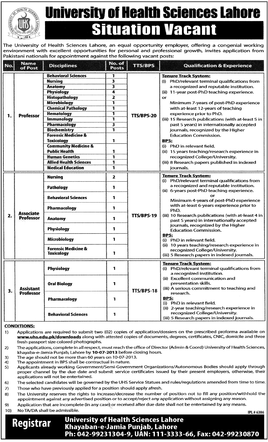 University of Health Sciences Lahore Jobs Required for Professors