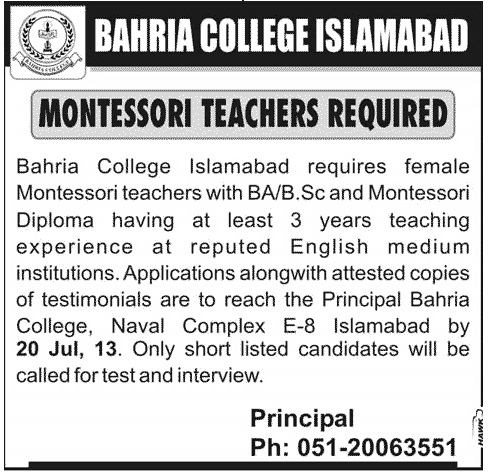 Bahria College Islamabad Jobs for Montessori Teacher