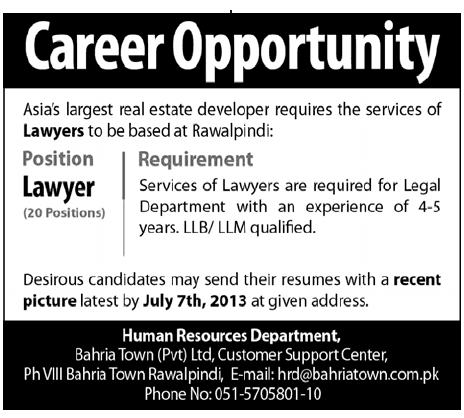 Bahria Town Rawalpindi Jobs for Lawyer