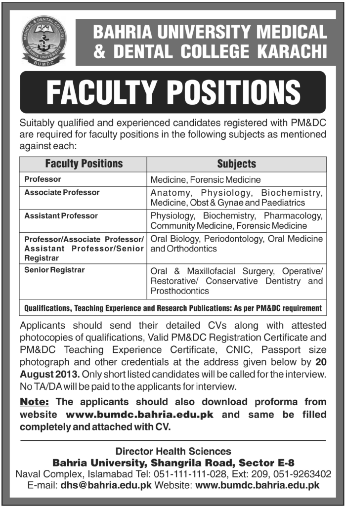 Bahria University Karachi Jobs for Professor & Registrar