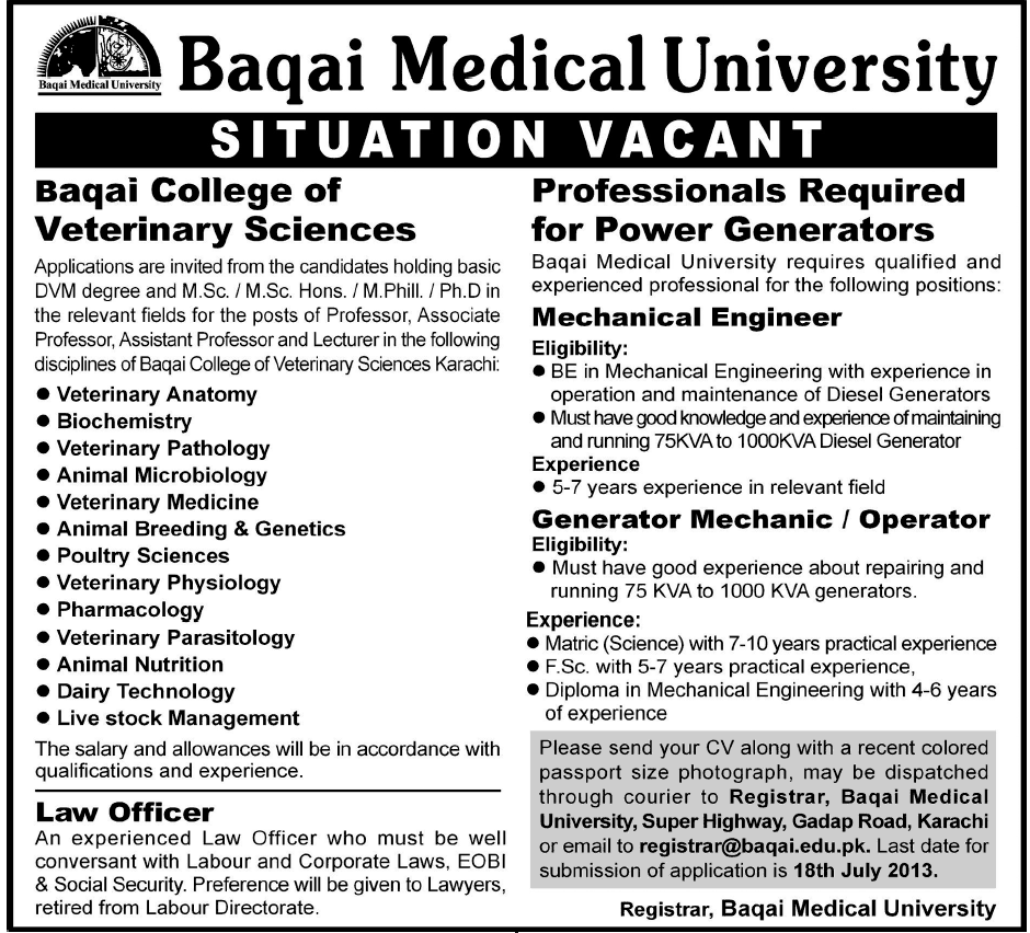 Baqai Medical University Karachi Jobs for Mechanical Engineer
