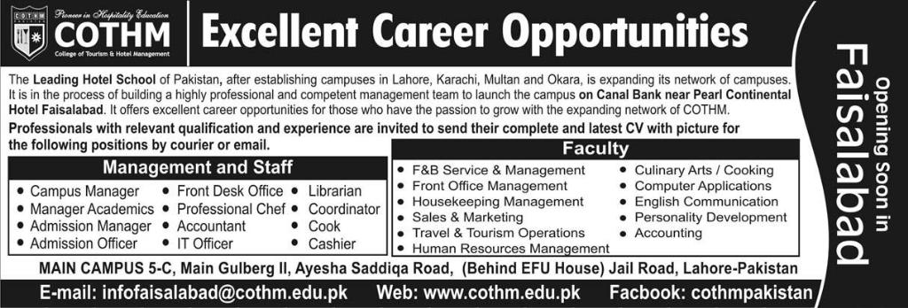 COTHM Faisalabad Jobs for Manager, Accountant & Admission Officer