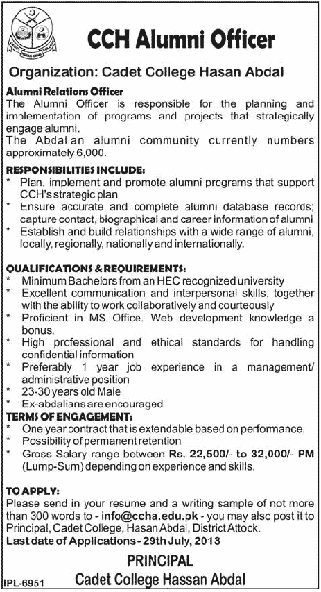 Cadet College Hasan Abdal Attock Jobs for Alumni Officer