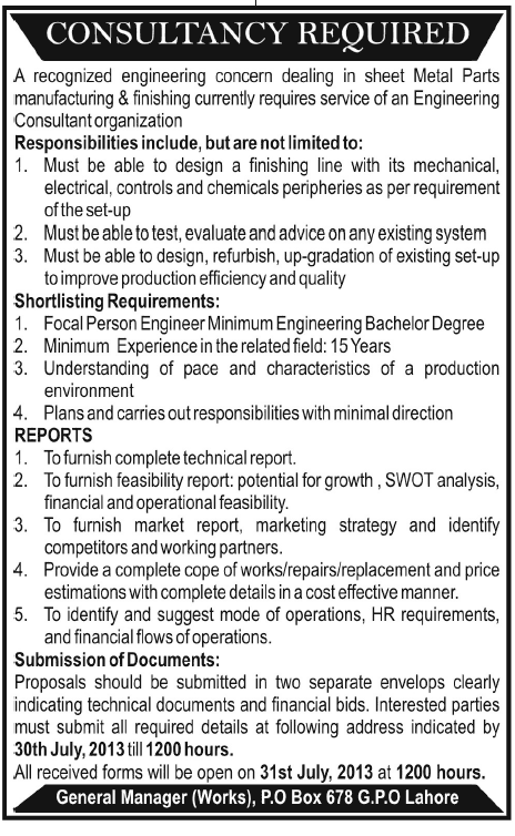 Consultancy Jobs Required in Lahore