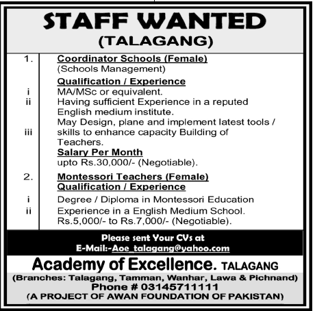 Coordinator & Montessori Teachers Jobs in Academy of Excellence