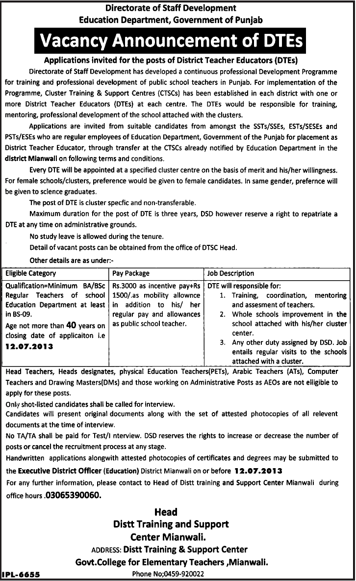 DTE Jobs Required in Directorate of Staff Govt. of Punjab