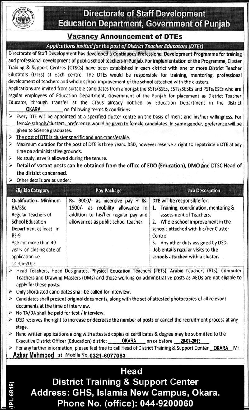 DTE Okara Jobs in Directorate of Staff Government of Punjab