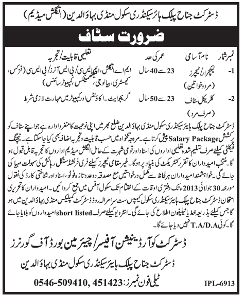 District Jinnah Public School Jobs for Lecturer & Clerical Staff