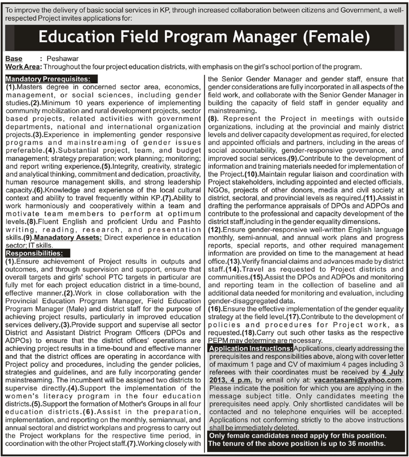 Female Education Field Program Manager Jobs in Peshawar