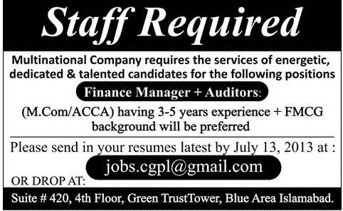 Finance Manager & Auditor Jobs in Multinational Company Islamabad