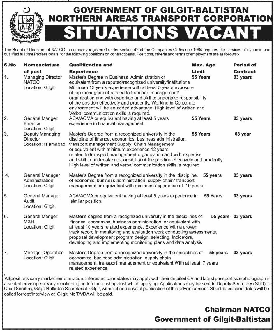 Govt of Gilgit-Baltistan Transport Corporation Jobs for General Manager