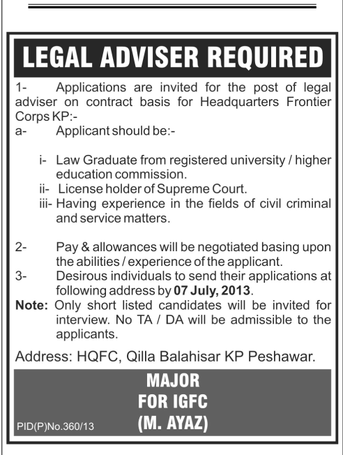 HQFC Peshawar Jobs for Legal Adviser