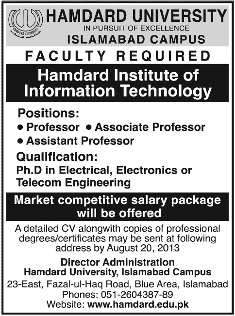 Hamdard University Islamabad Jobs for Professor