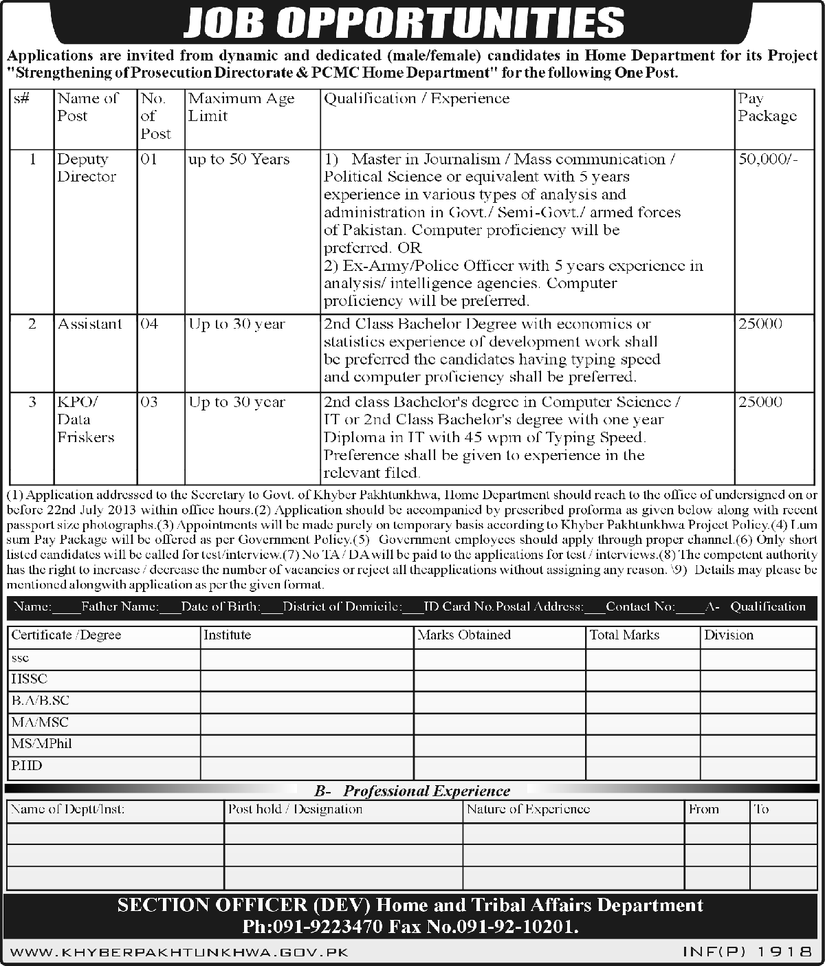 Home and Affairs Department Khyber Jobs for Deputy Director & Assistant
