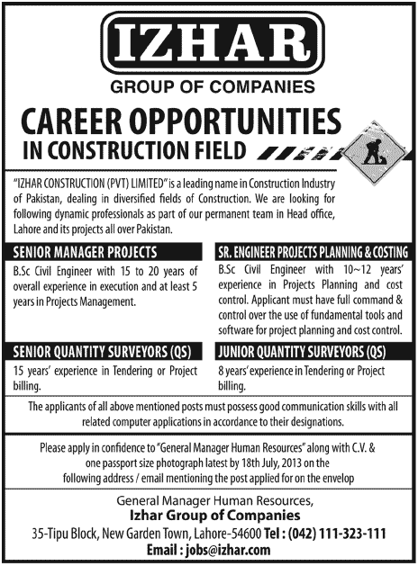 Izhar Group of Companies Lahore Jobs for Manager Projects